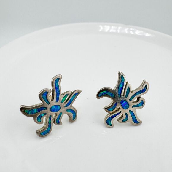 925 Sterling Silver Opal Inlay Blue Abstract Starburst Stud Earrings Southwester - Picture 4 of 8